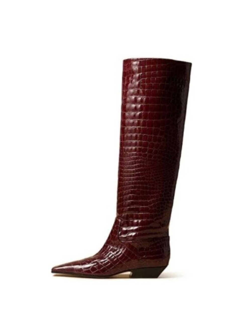 miss left Women Square Toe Knee High Boots Wide Calf Low Heel Flat Long Boot Red